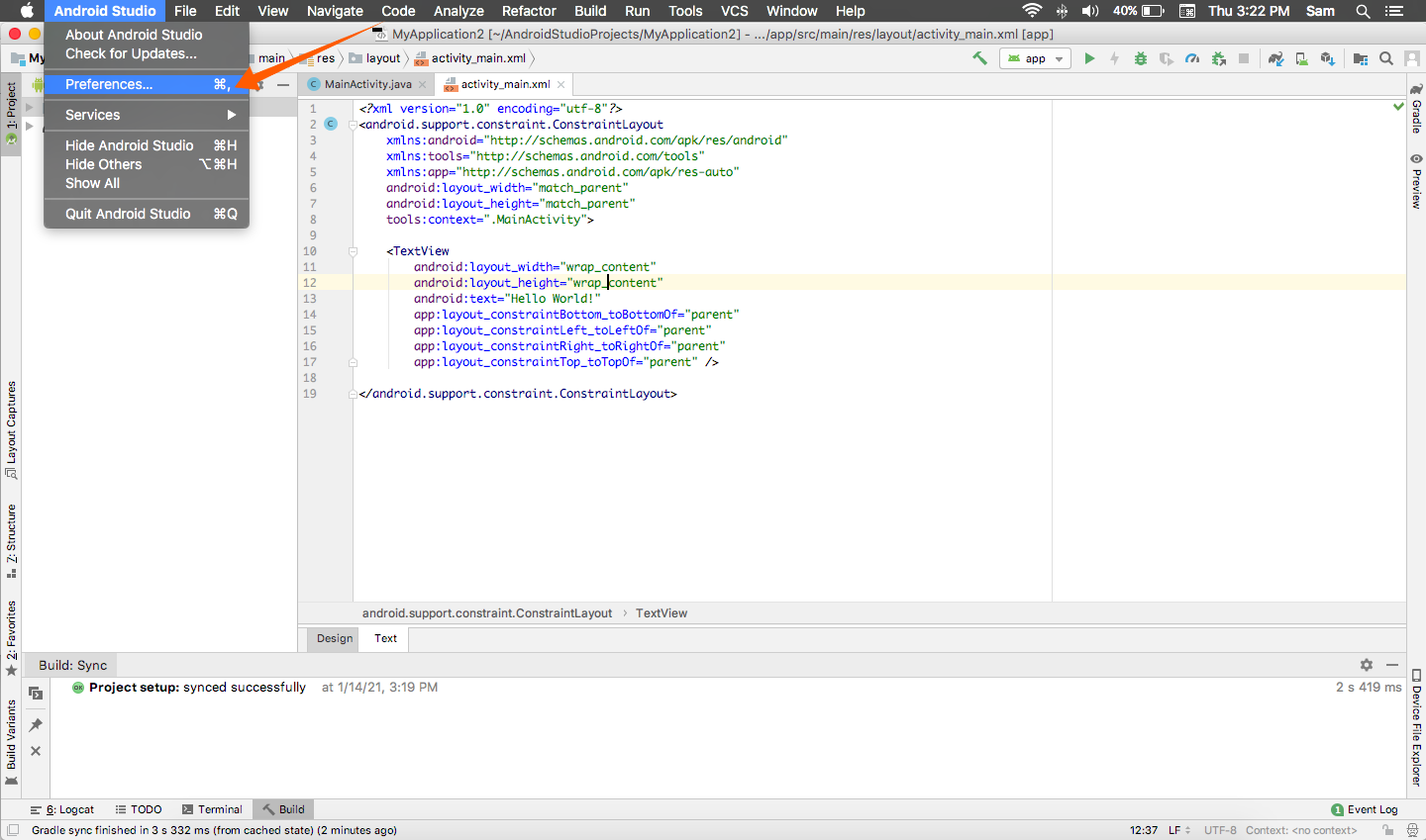 Images/5%20copy.png </p> <p>Android Studio を開き、[環境設定]をクリックします:Android Studio を開きます。png