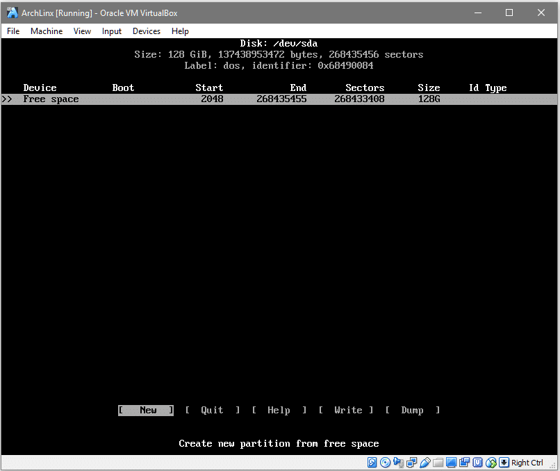 arch virtualbox select label type