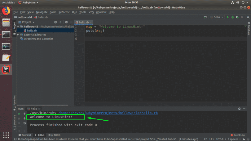 Rubymine. Ruby пример программы. Bash ide. Process finished with exit code 0.