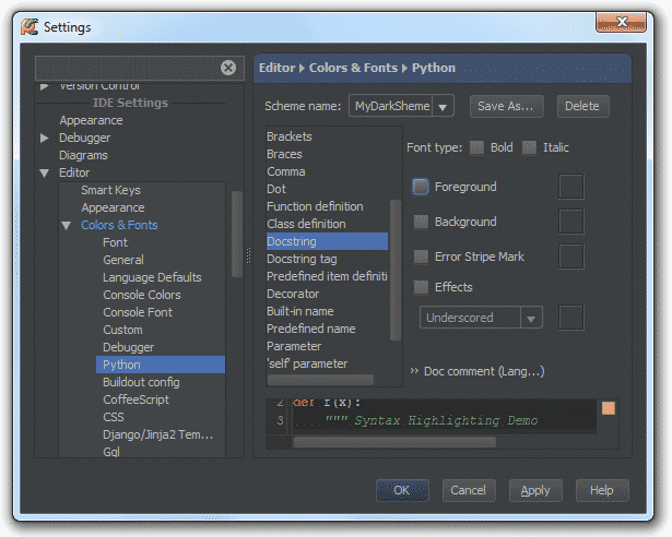 Set current перевод. Где в PYCHARM настраивается docstring.