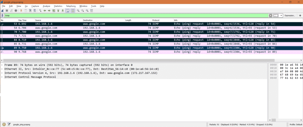 wireshark captures for ping