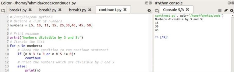 How to use a break and continue statement within a loop in Python