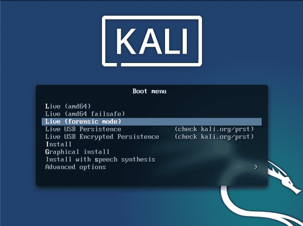 kali linux live menu bios mode