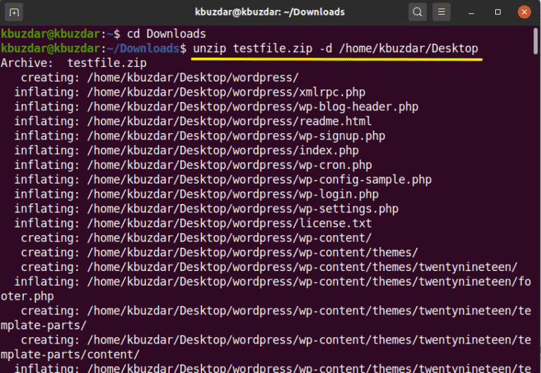 Unzip command on Linux