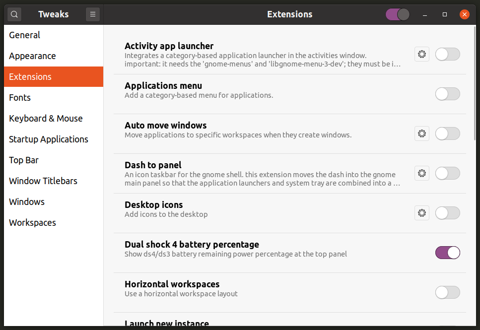 Extension settings. Gnome-tweaks icon.