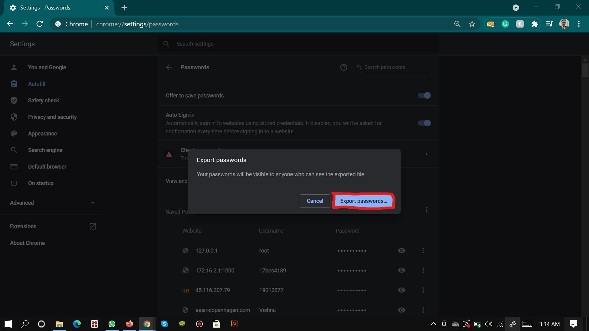 export chrome passwords windows 10