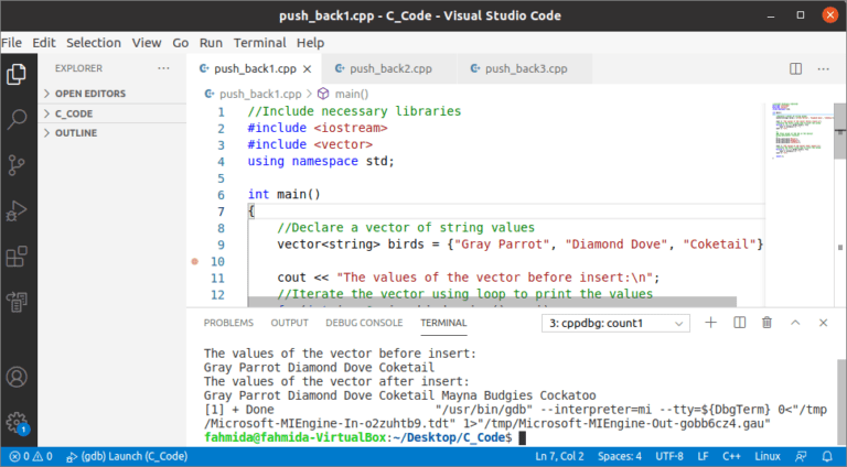 Push Back Function In C