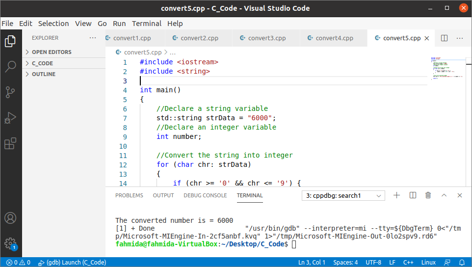 c convert string number to int