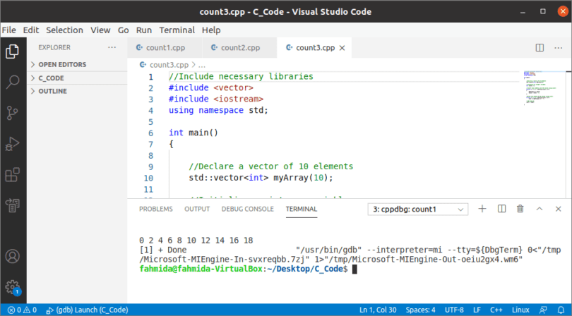 Count the size of the vector in C++