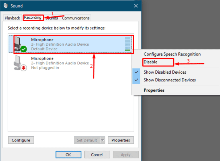 How to mute or disable the microphone on windows