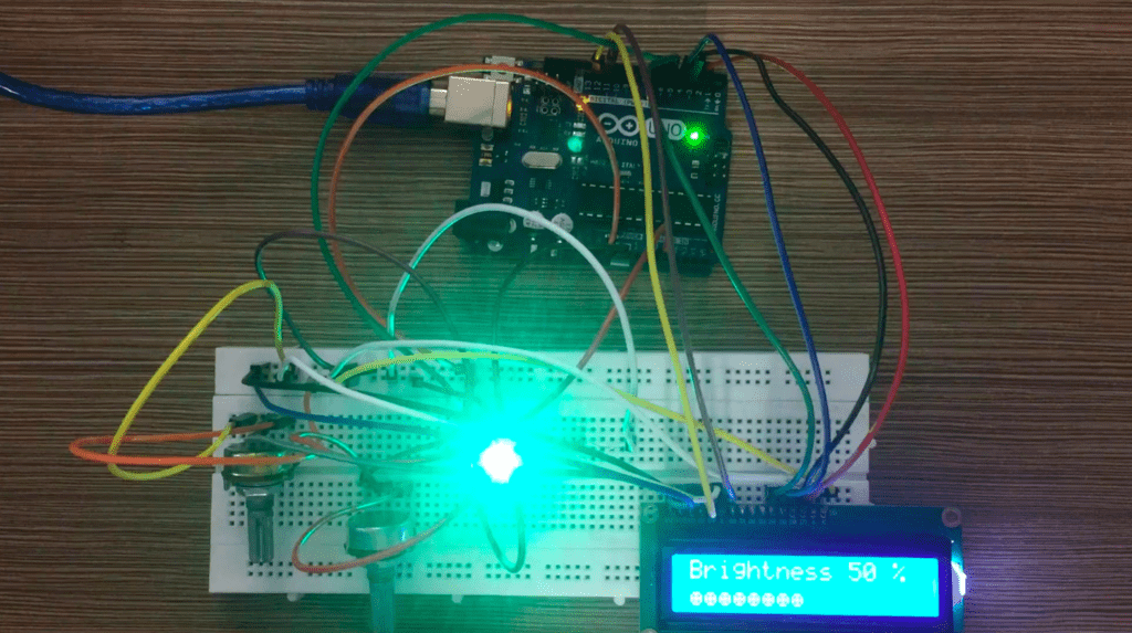 How to display LED brightness on LCD using Arduino Uno