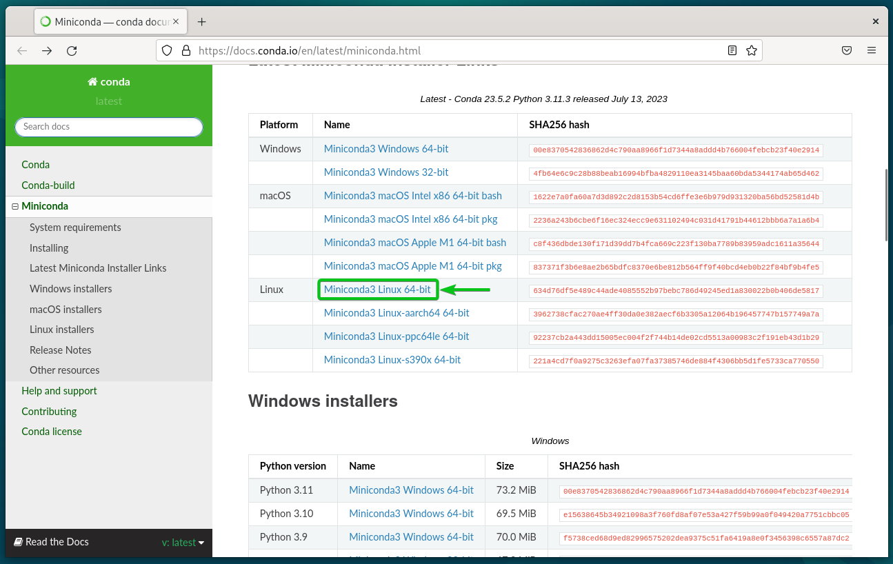 Select Miniconda3 linux 64 bit