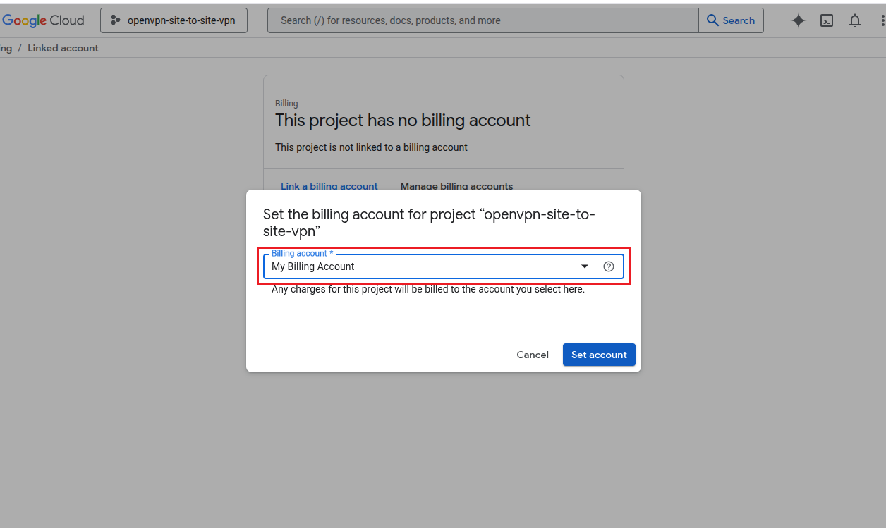 Google Cloud project creation page with project name and billing enabled