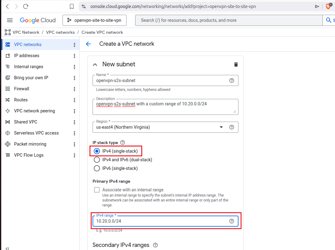New subnet configuration with name openvpn-s2s-subnet, region us-east4, IPv4 range 10.20.0.0/24