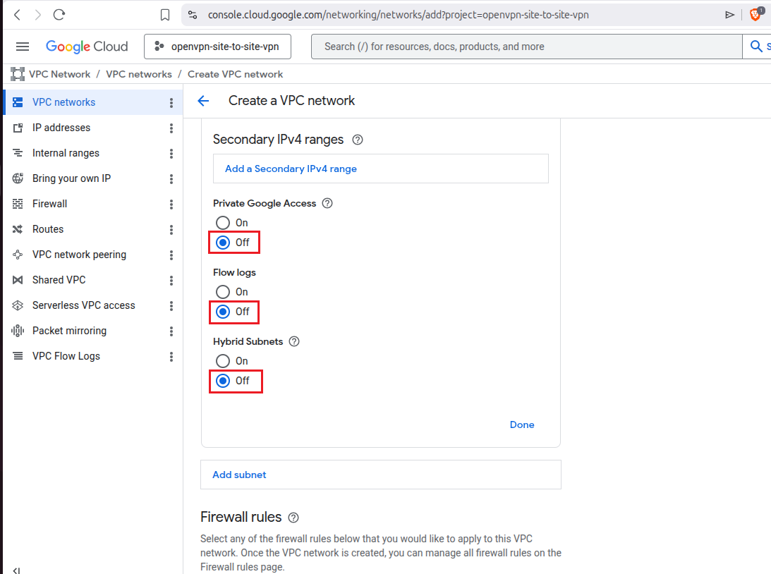 Subnet options: Private Google Access, Flow logs, Hybrid Subnets all set to off