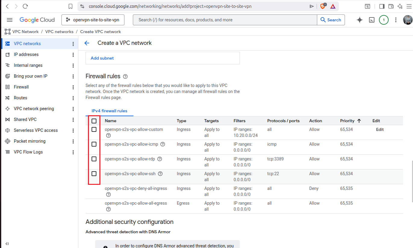 Firewall rules selection section with no checkboxes selected