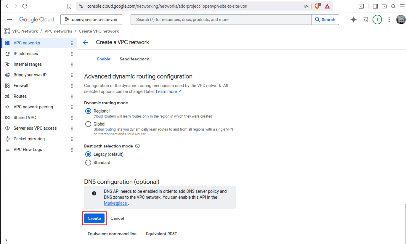 Dynamic routing mode set to Regional and Best path selection mode Legacy