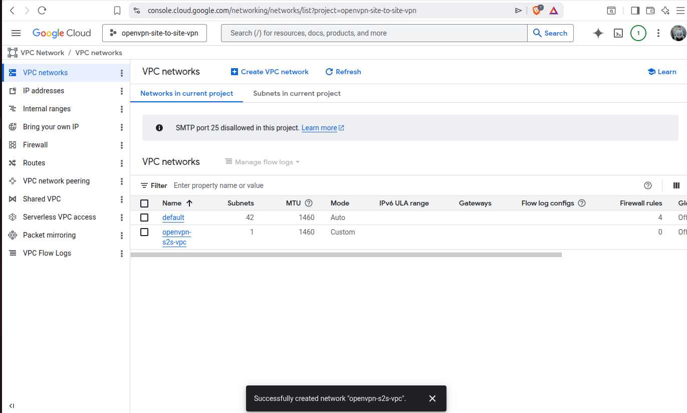 VPC networks dashboard showing openvpn-s2s-vpc alongside default VPC