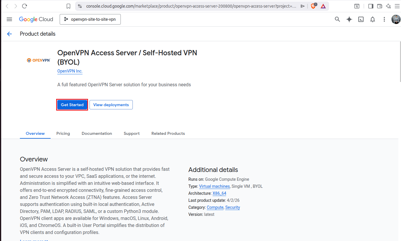 OpenVPN Access Server listing on Google Cloud Marketplace with Get Started button