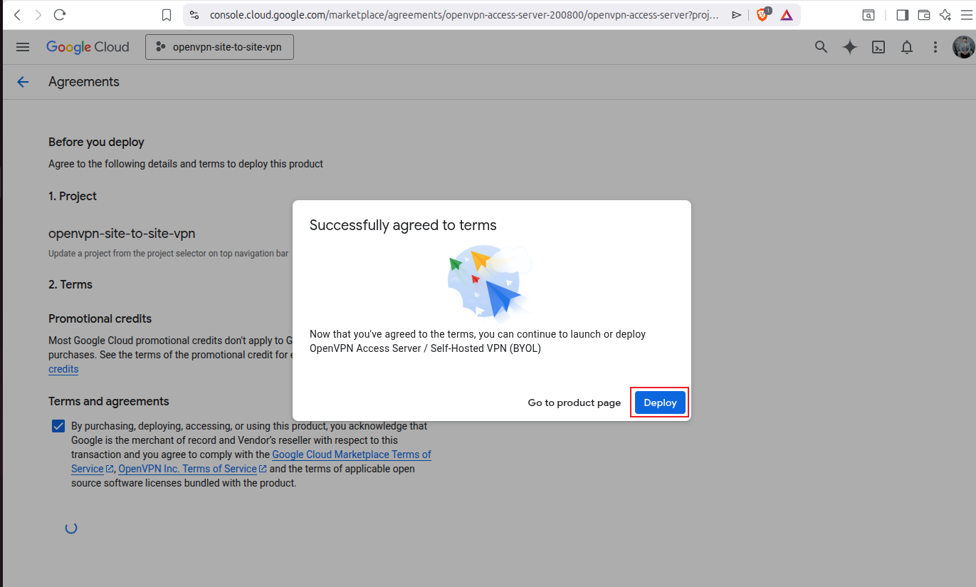 Popup window after agreeing with options to go to product page or deploy