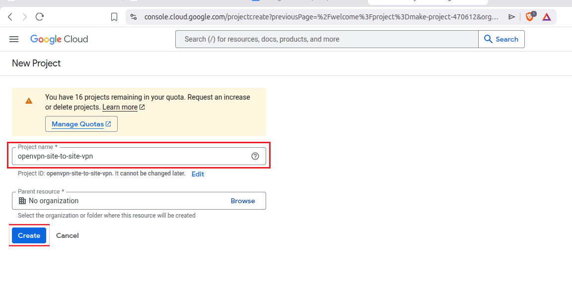 Google Cloud project list showing the newly created project