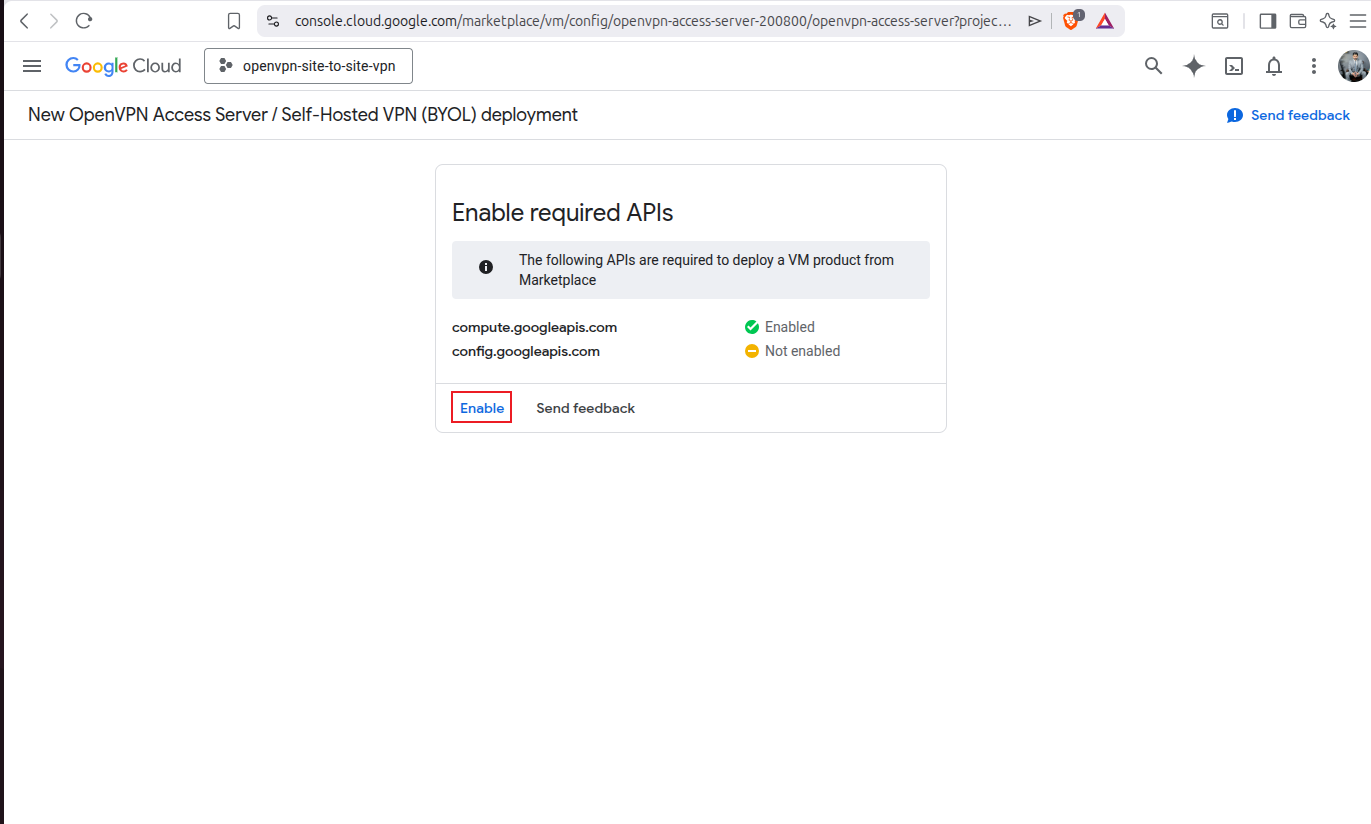 Prompt to enable required APIs including Google Config API with Enable button