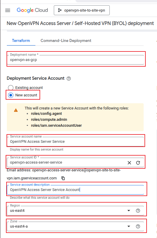 Deployment form with deployment name, service account, region us-east4, zone us-east4-a