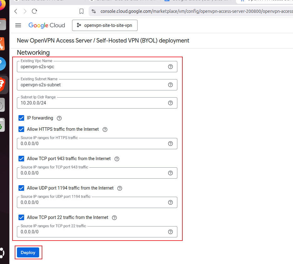 VPC and subnet configuration: openvpn-s2s-vpc, openvpn-s2s-subnet, IP forwarding enabled, source IP range 0.0.0.0/0