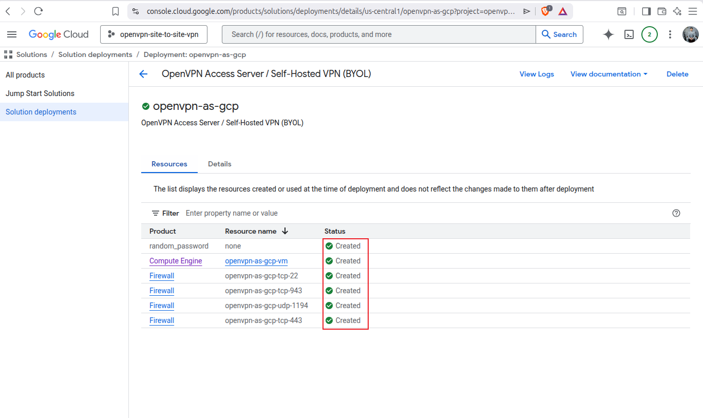 Deployment successful message for OpenVPN Access Server