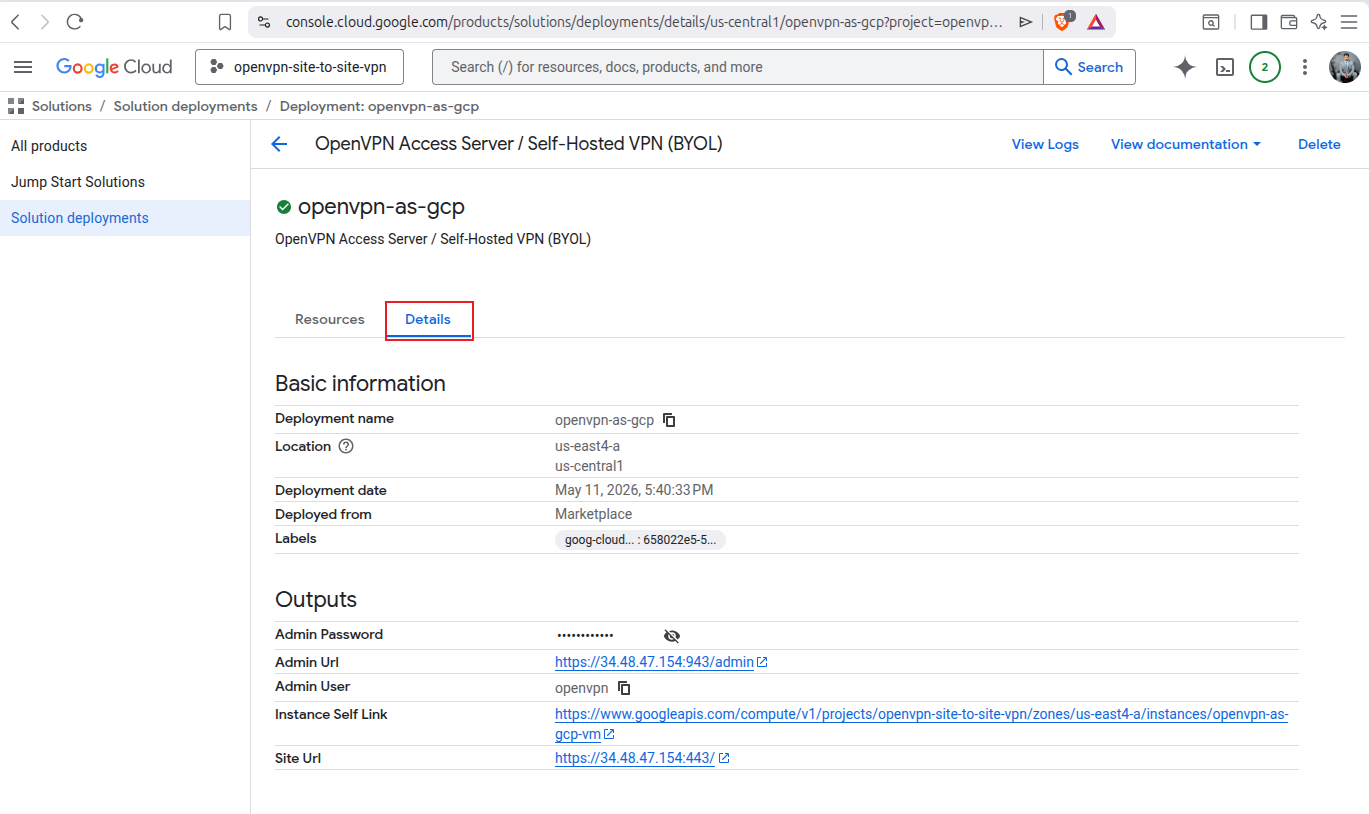 Deployment details tab showing Admin Portal URL, username openvpn, and temporary password