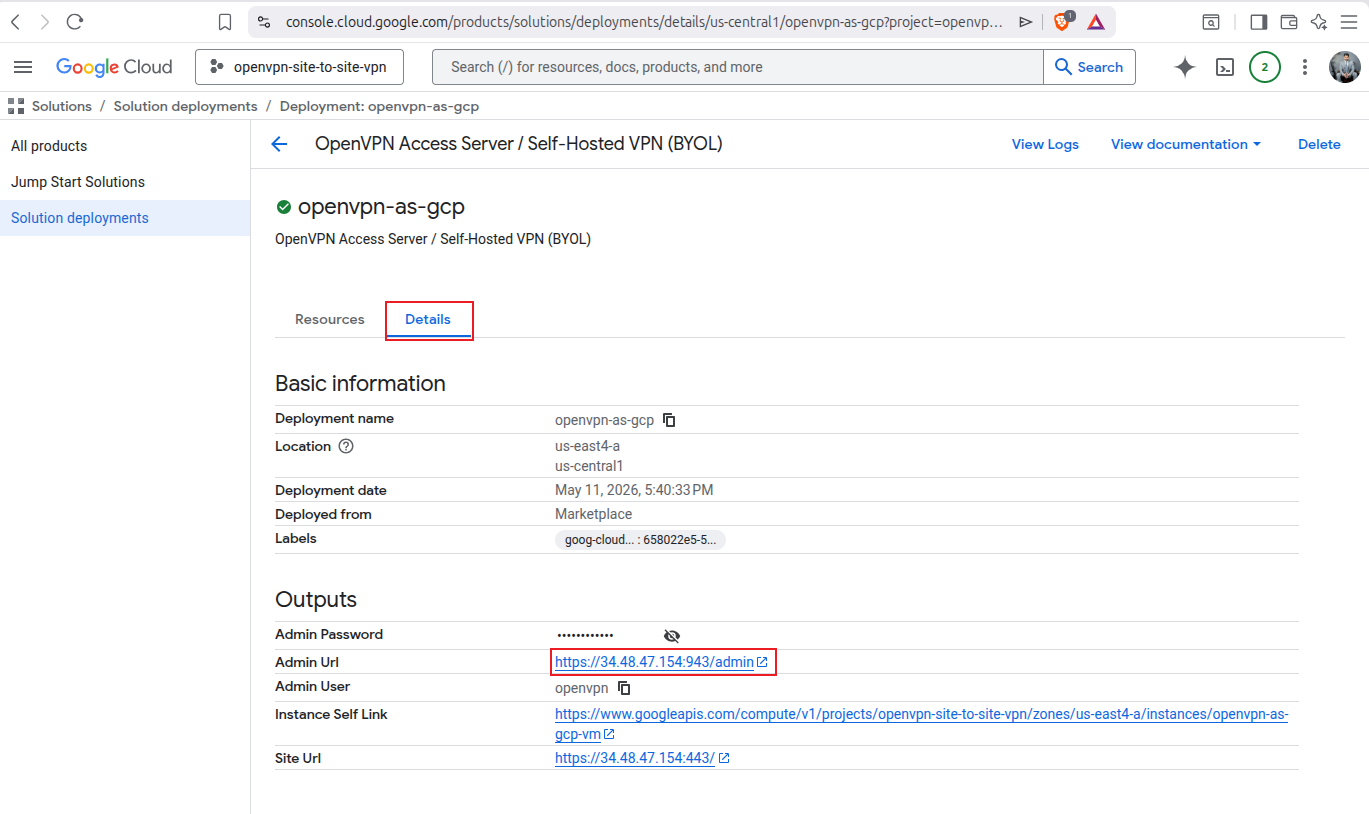 Admin Portal URL link highlighted in deployment details