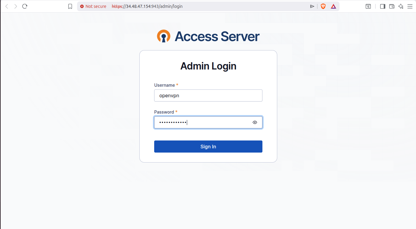 OpenVPN Access Server login page with username and password fields