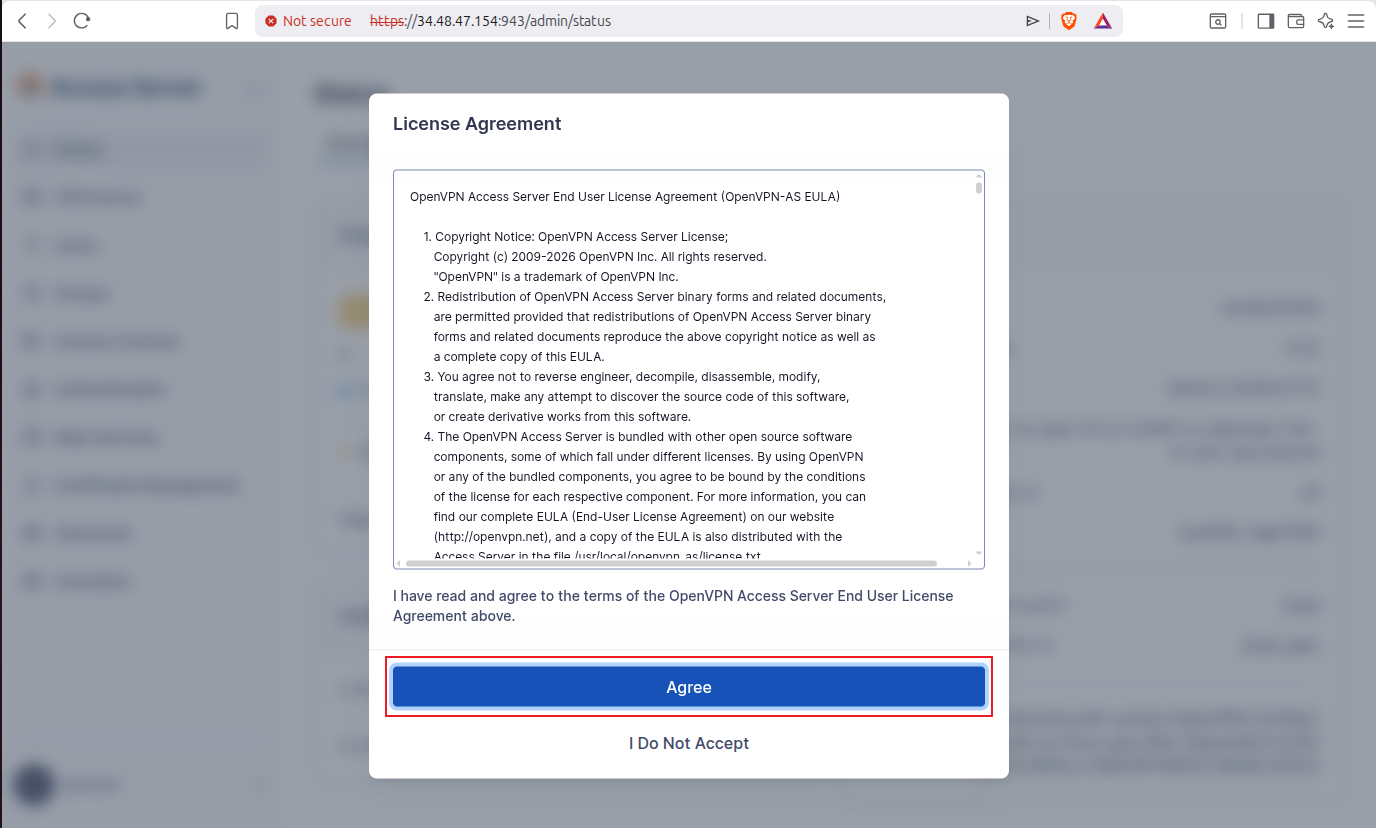 OpenVPN license agreement acceptance prompt