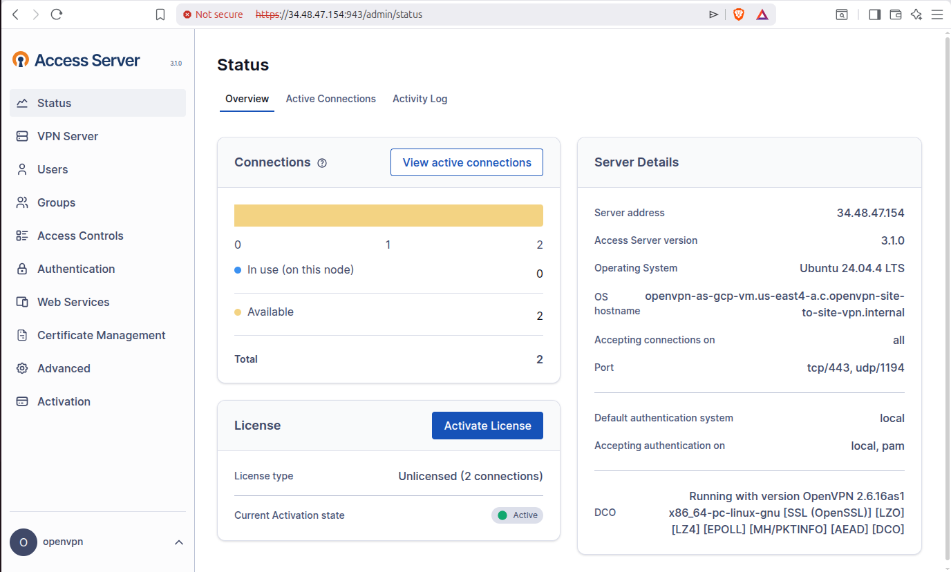 OpenVPN Access Server Admin UI main dashboard