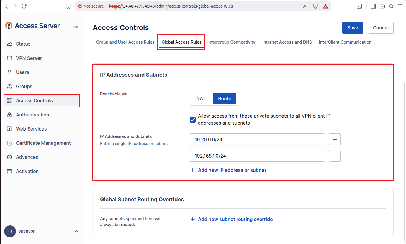 Access Controls > Global Access Rules page, IP Addresses and Subnets section with Route selected and subnets added