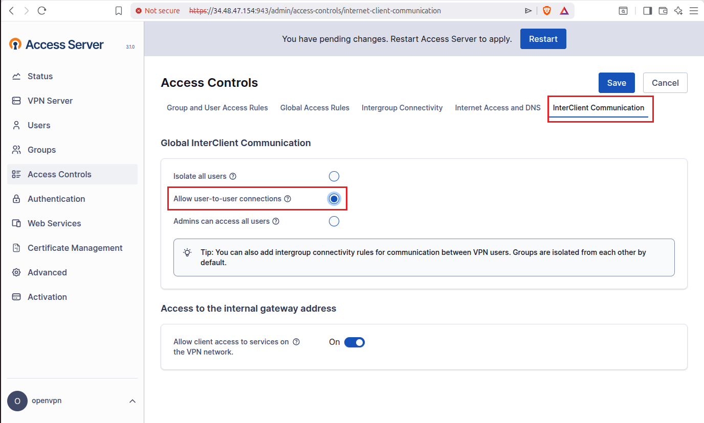 InterClient Communication tab with allow user-to-user connections selected