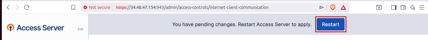 Top bar of OpenVPN Admin UI showing Restart Server prompt