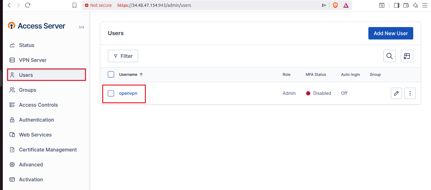 Users page showing openvpn user