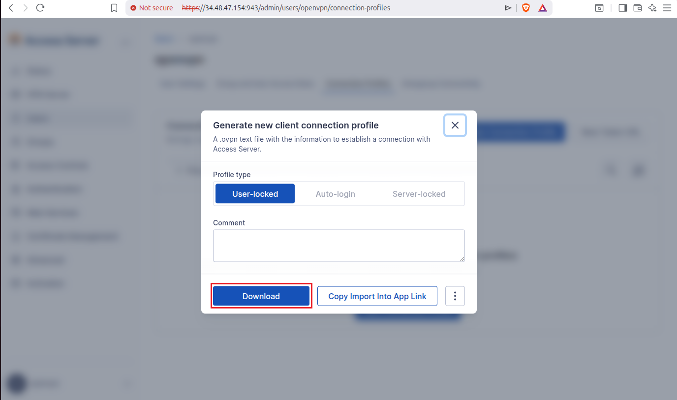 Popup to download connection profile with Download button