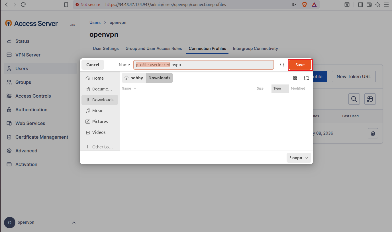 File save dialog for profile-userlocked.ovpn in Downloads directory