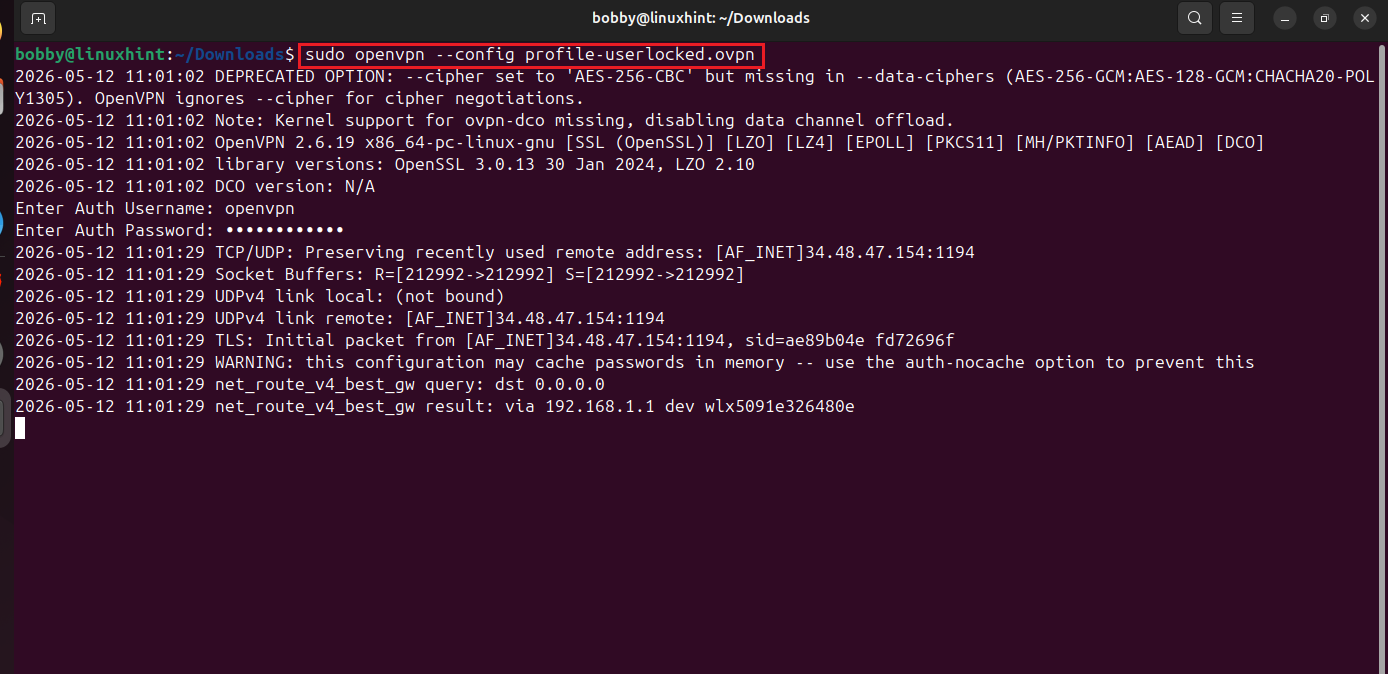 Terminal showing OpenVPN client connection with username and password prompt