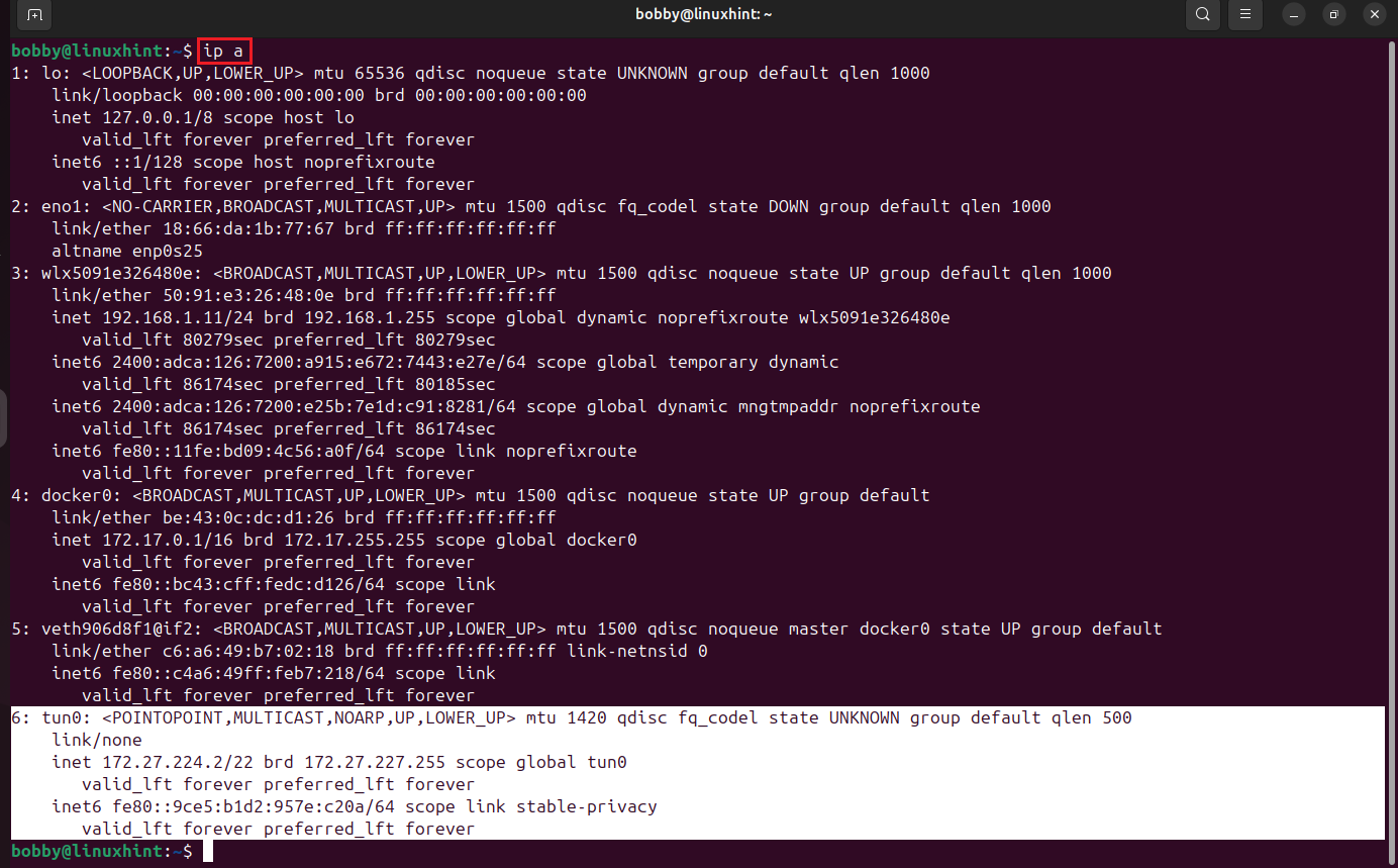 Terminal output of ip a command showing tun0 interface created
