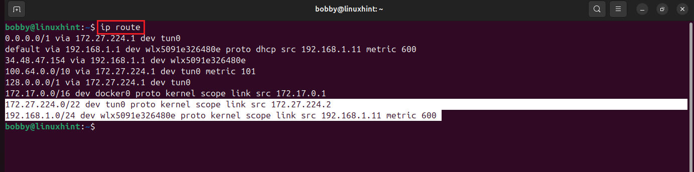 Terminal output of ip route showing routes including VPN tunnel and local LAN