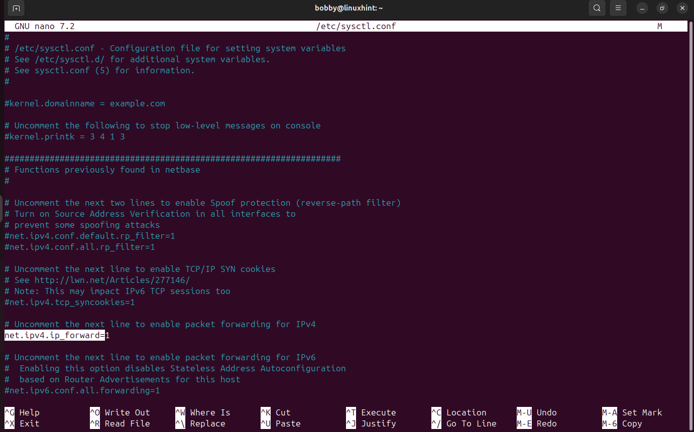 Nano editor showing sysctl.conf file with net.ipv4.ip_forward=1 uncommented