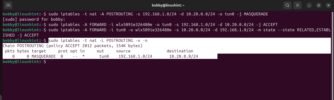 Terminal output of iptables -t nat -L POSTROUTING showing MASQUERADE rule for source 192.168.1.0/24 destination 10.20.0.0/24 on tun0