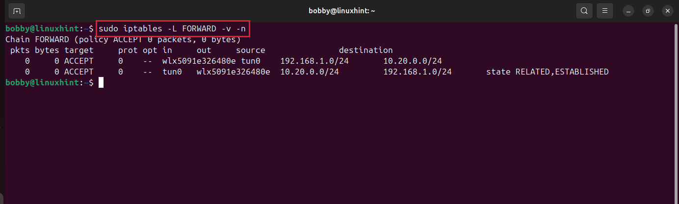 Terminal output of iptables -L FORWARD showing forwarding rules from LAN to tunnel and tunnel to LAN