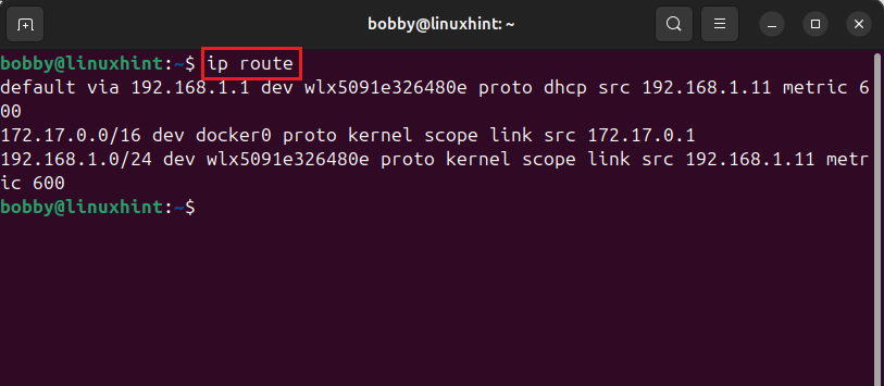 Terminal output of ip route command showing local LAN subnet 192.168.1.0/24