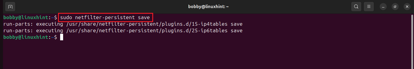 Terminal showing netfilter-persistent save command output