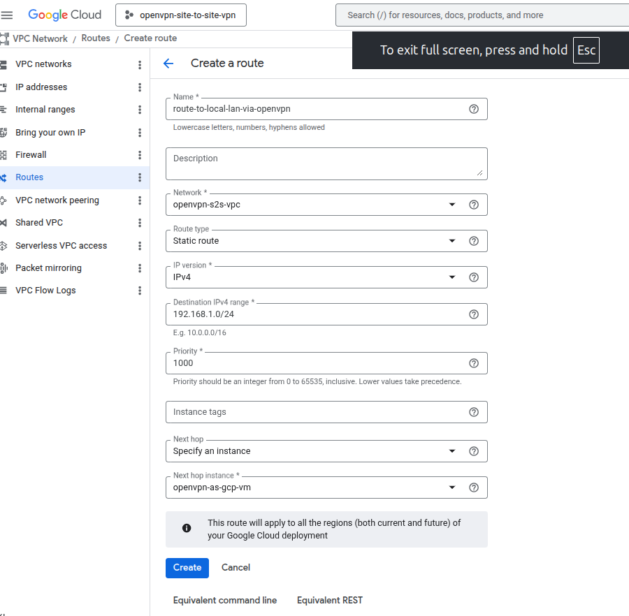Google Cloud create route form filled for route-to-local-lan-via-openvpn with destination 192.168.1.0/24 and next hop instance openvpn-as-gcp-vm