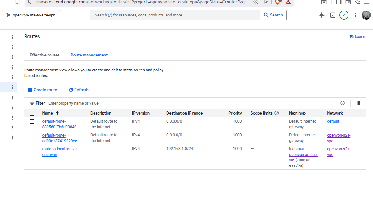 Routes dashboard showing newly created static route route-to-local-lan-via-openvpn